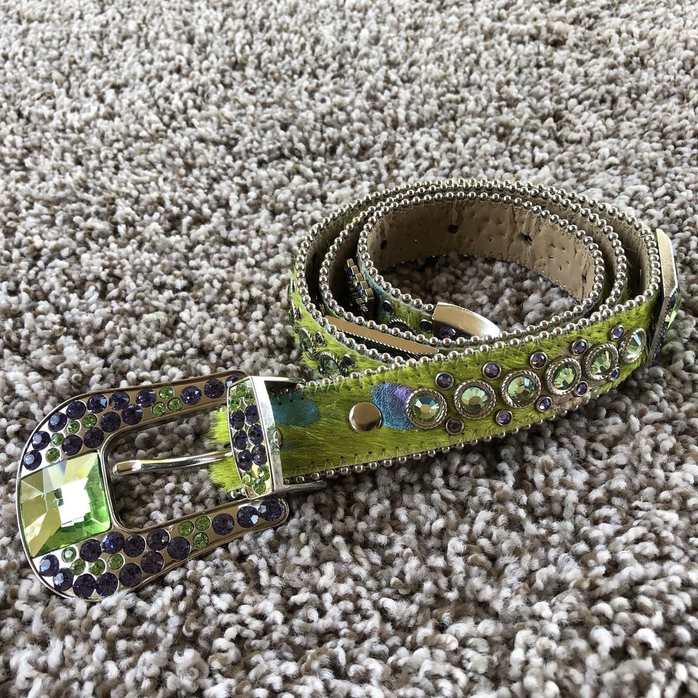BB Simon Belt Womens Size Large Green Dyed Calf Hair Crystal Rhinestone Studded